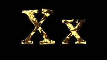 Upper and lower case X alphabet with golden fluid texture, latin script with bright yellow lava style, english letter with dented and horror look video