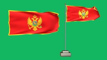 Montenegro flag waving in the wind on a green background. 3d Animation of a flag flying with a pole video