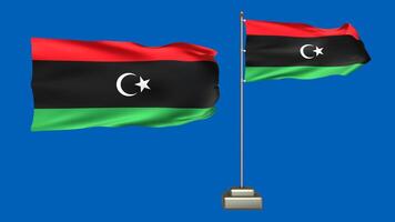 Libya flag waving in the wind on a blue background. 3d Animation of a flag flying with a pole video
