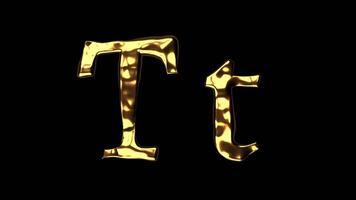 Upper and lower case T alphabet with golden fluid texture, latin script with bright yellow lava style, english letter with dented and horror look video