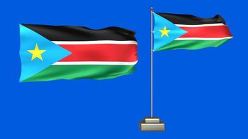South Sudan flag waving in the wind on a blue background. 3d Animation of a flag flying with a pole video