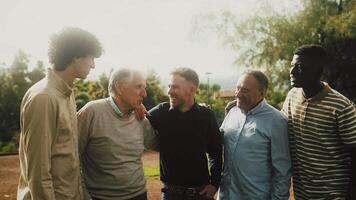 Happy multigenerational group of men with different ethnicities having fun in a public park - People diversity concept video