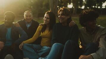 Happy multi generational people having fun sitting on the grass in a public park - Diversity and friendship concept video