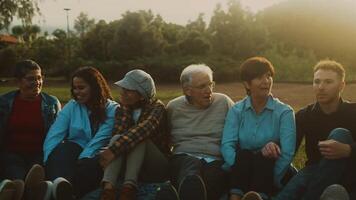 Happy multi generational people having fun sitting on grass in a public park - Diversity and friendship concept video