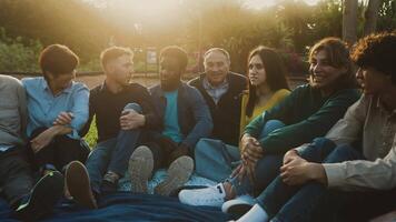 Happy multi generational people having fun sitting on grass in a public park - Diversity and friendship concept video