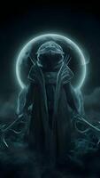 A mysterious figure in a cloak holding a sword, standing in the shadows. photo