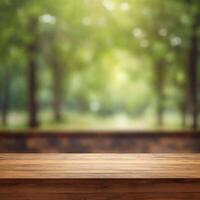 A close up of a wooden table with a blurry and light background photo