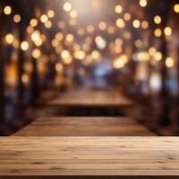 A close up of a wooden table with a blurry and light background photo