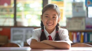 Filipino Elementary School Girl Smiling Warmly in Classroom Setting, Portrait for Educational, Cultural Representation photo