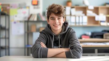 Teenage boy in a classroom setting, Western European high school student smiling while sitting at a desk, educational and learning environment photo