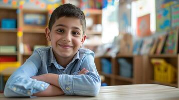 Smiling Southern European Elementary School Boy in Classroom - Educational Stock Photo for Design, Print, Poster