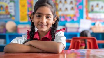 Smiling Indian elementary school girl sitting at a classroom desk, educational setting for learning and development, ideal for school-related content and stock photography needs photo