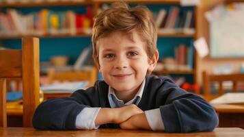 Primary School Student Smiling in Classroom, Emphasizing Diversity and Education, Perfect for Back-to-School Campaigns photo