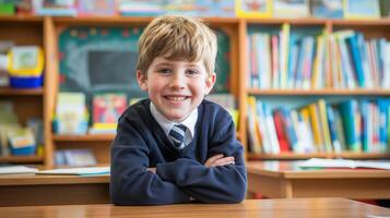 Smiling Young British Boy in School Uniform Posing in Classroom, Ideal for Educational and Academic Themes photo