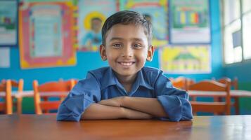 sonriente bangladeshi elemental colegio chico en salón de clases configuración, ideal para educativo proyectos y colegio campañas foto
