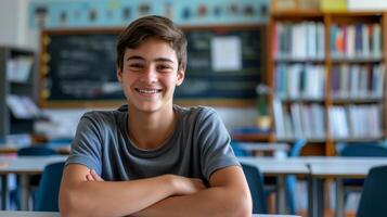 Smiling Southern European High School Boy in Classroom, Education and Learning Concept for Print and Digital Use photo