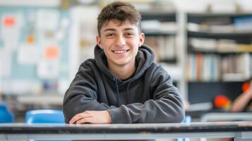 British Teenager Smiling in Classroom with Bookshelves, Wearing Hoodie, Studying, Learning Environment, Academic Setting, Friendly Expression photo