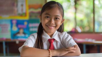 Filipino Elementary School Girl Smiling in Classroom for Education Themes, Diversity, Back-to-School Concepts photo