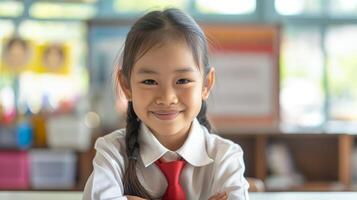 Smiling Thai Elementary School Girl in Classroom Setting Wearing Red Tie photo