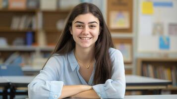 Smiling Southern European High School Girl in Classroom, Student Lifestyle, Education Enthusiast, Optimistic Learning Environment photo