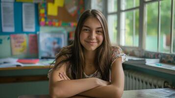 High School Girl in Classroom with Colorful Background, Smiling, Education and Youth photo