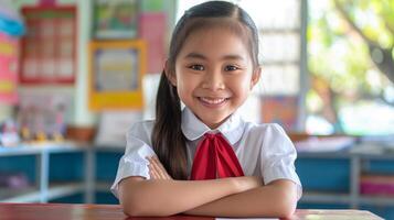 Filipino Elementary School Girl Smiling Warmly in Classroom Setting, Education and Learning Concept for School Projects and Posters photo