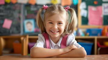 Smiling Young Girl in Classroom Setting with Pigtails, Primary Education, Happy Child Learning, School Environment photo