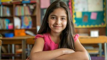 Smiling Southern European Italian Greek Girl in Classroom Setting for Education, Diversity, Youth Themes photo