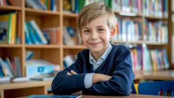 Young German Boy Reading in School Library, Education, Academics, Childhood Learning, Classroom Setting, Diversity in Education photo