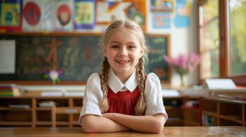 Smiling Young Polish Schoolgirl with Braids in Classroom, Elementary School Education, Learning Environment photo