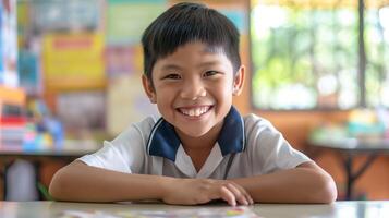 Smiling Filipino Elementary School Boy in Classroom for Education and Learning Concepts, Perfect for Posters and Educational Materials photo