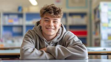 Teenage British Boy Smiling in Classroom Setting, Youthful Student Portrait for Educational and Academic Design photo