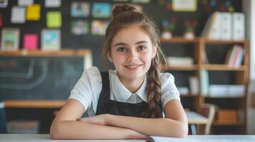 Smiling Teenage High School Girl in Classroom, Learning Environment, Studying, Education Concept photo