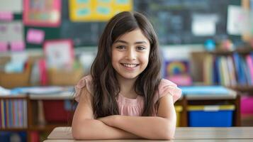 Young Southern European Girl Smiling in Classroom Setting for Educational and Diversity Themes photo