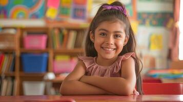 Smiling Southern European Elementary School Girl in Classroom Setting for Educational and Diversity Promotion photo
