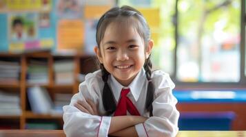 Cheerful Thai Elementary School Girl Smiling in Classroom Setting, Concept of Education, Diversity, and Youth, Ideal for Educational Posters or Cards photo