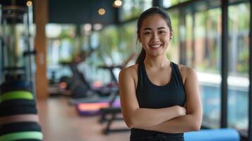 Smiling Indonesian Female Fitness Trainer in Modern Gym, Training and Exercise Concept for Health and Wellness Programs photo