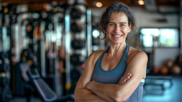 de edad mediana hembra aptitud entrenador sonriente durante rutina de ejercicio sesión en moderno gimnasio ajuste para salud y bienestar promoción foto
