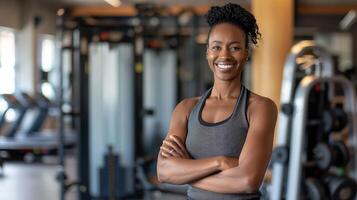 Confident Middle-Aged African Female Fitness Trainer in Modern Gym Environment for Workout Motivation photo
