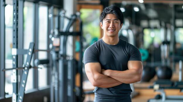 confidente asiático masculino aptitud entrenador en gimnasio configuración, promoviendo salud y aptitud física, aptitud entrenamiento servicios foto