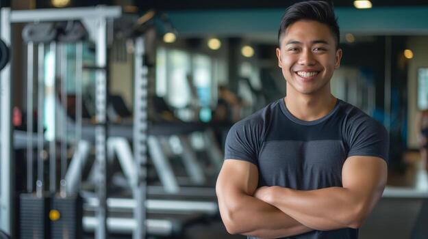 sonriente filipino aptitud entrenador en gimnasio ajuste para salud y bienestar promoción foto