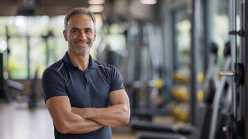 Fitness Trainer Standing with Arms Crossed in a Modern Gym Environment photo