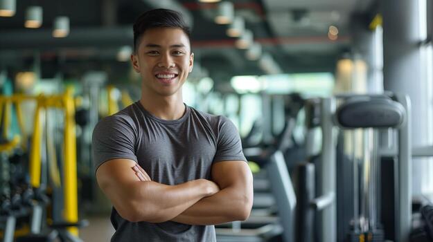 filipino masculino aptitud entrenador en pie con confianza en el gimnasia, promoviendo salud y bienestar foto