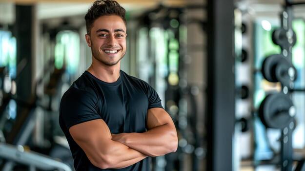 confidente aptitud entrenador con cruzado brazos en moderno gimnasia, enfatizando salud y fuerza formación foto