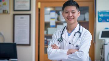 Confident Young Male Doctor in a Medical Office Setting with Stethoscope and Professional Background photo