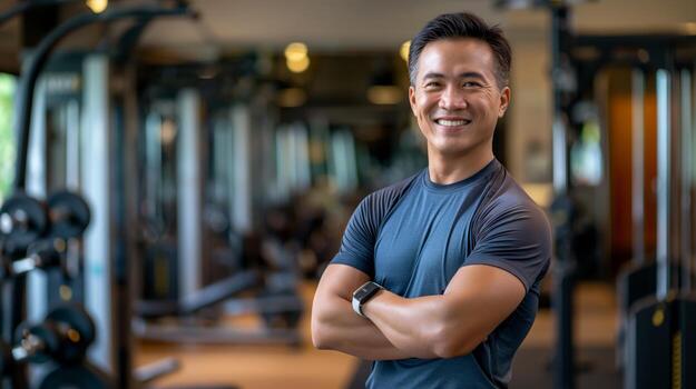 aptitud formación excelencia, Sureste asiático masculino entrenador en moderno gimnasia, ropa de deporte, sonriente de edad mediana profesional, inspirador rutina de ejercicio ambiente foto