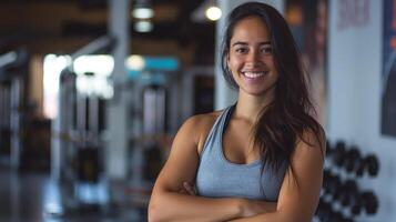 Confident Fitness Trainer Smiling While Standing with Arms Crossed in Modern Gym Setting for Health and Wellness Themes photo