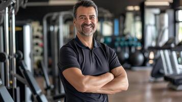 Smiling Fitness Trainer in Modern Gym, Cross-Training Equipment Background, Ideal for Motivational Posters and Health Articles photo