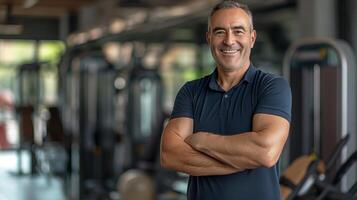 Smiling Fitness Trainer Cross Arm Pose at Modern Gym for Health and Fitness Promotion, Design for Print, Card, Poster, or Web Use photo