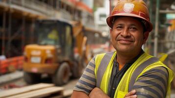 Middle Aged Hispanic Construction Worker Wearing Safety Helmet and Neon Yellow Vest at Building Site for Industrial Use photo